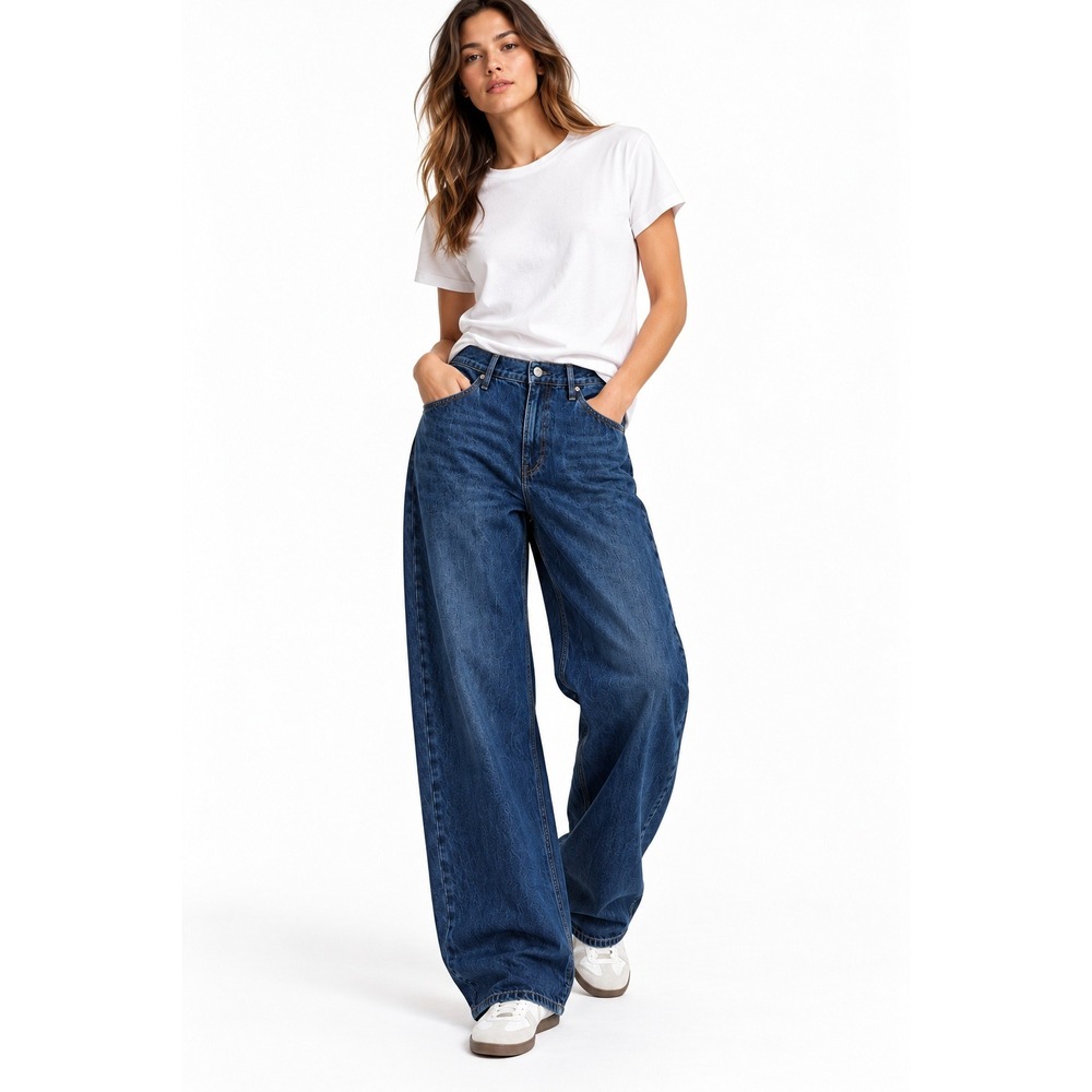 Uniqlo Barrel Jeans Tall Baggy Fit Tapered Dark Wash Blue Denim 32 New